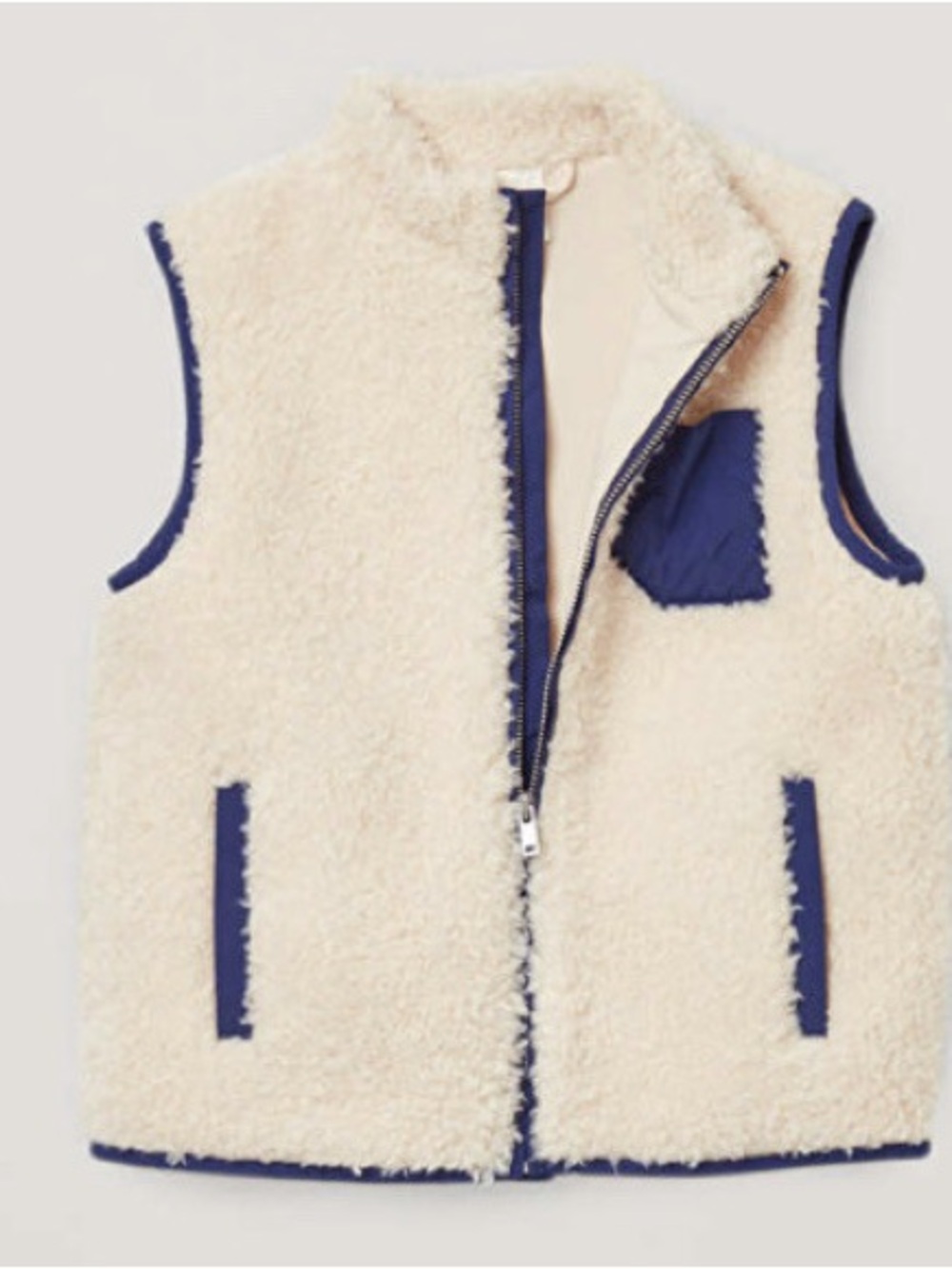 COS Cream Sherpa Vest with Navy Trim and Zipper